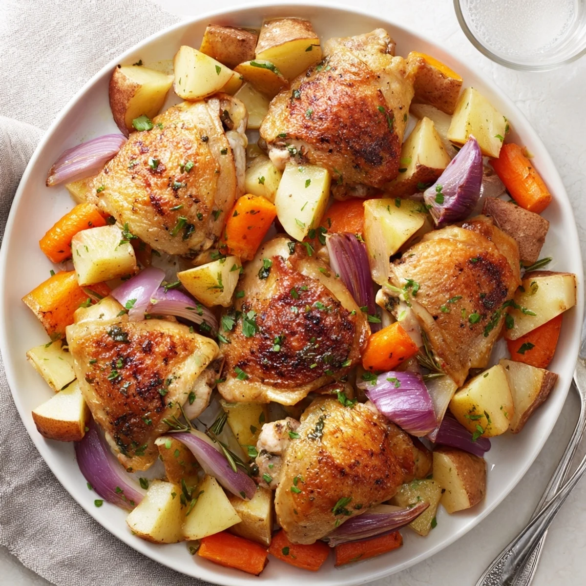 Succulent One-Pan Garlic Herb Roasted Chicken surrounded by golden veggies and herbs.