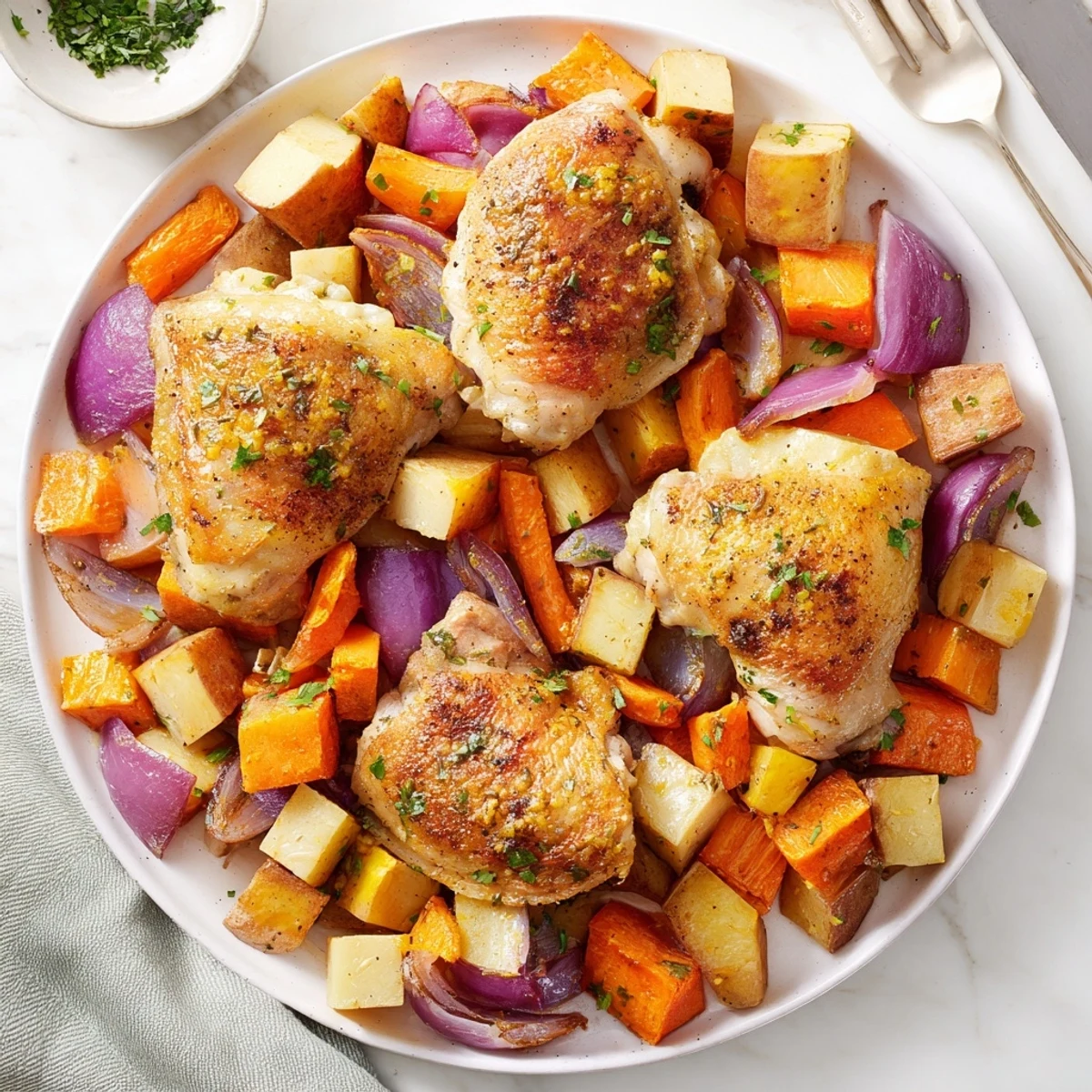 Comforting One-Pan Garlic Herb Roasted Chicken with crispy skin, roasted veggies, and fragrant garlic.
