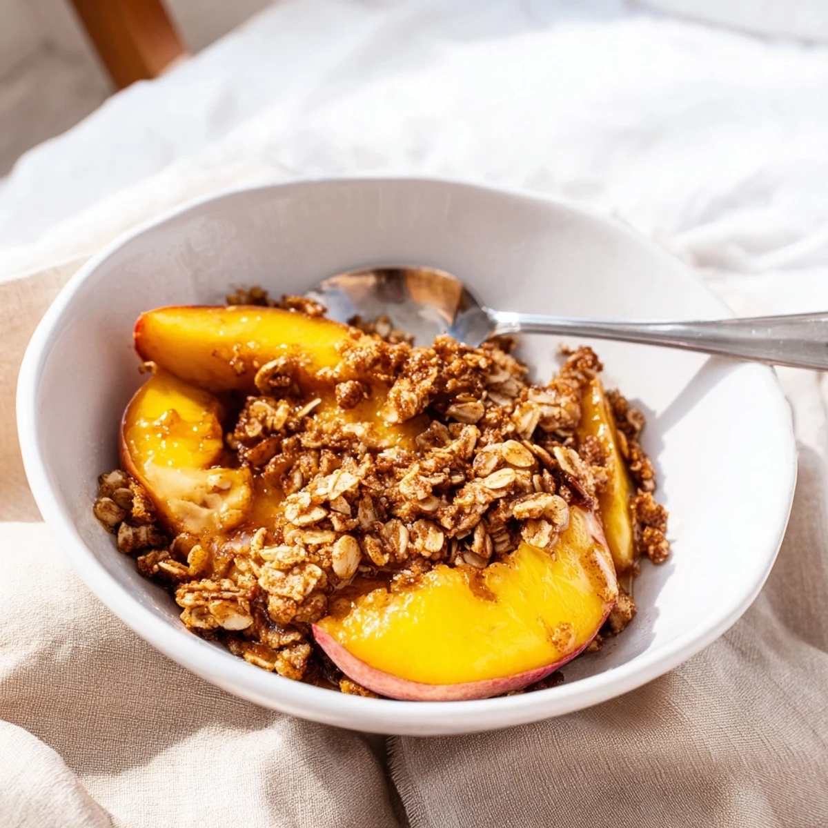 Warm honey glazed peach crisp topped with buttery oat crumble and pecans.  