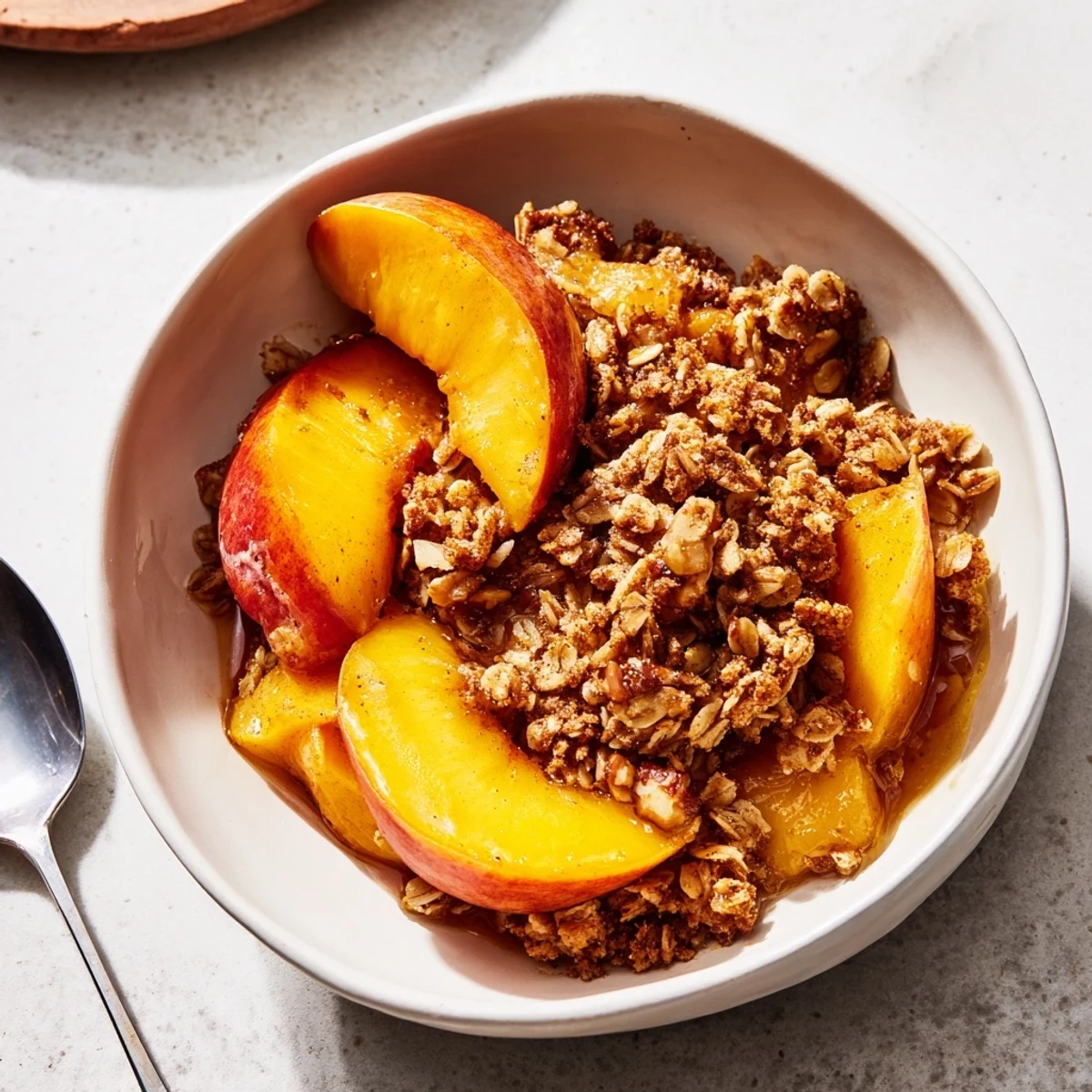 Golden baked peach crisp bursting with honey sweetness and crunchy oat topping.  