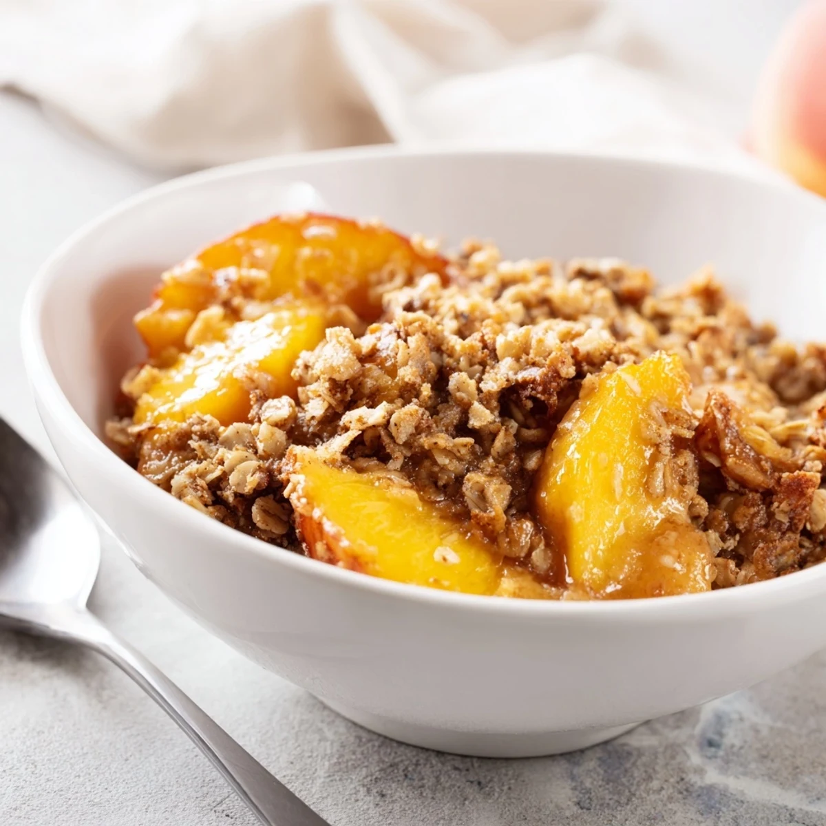 Delicious honey glazed peach crisp served warm, perfect with a scoop of ice cream.