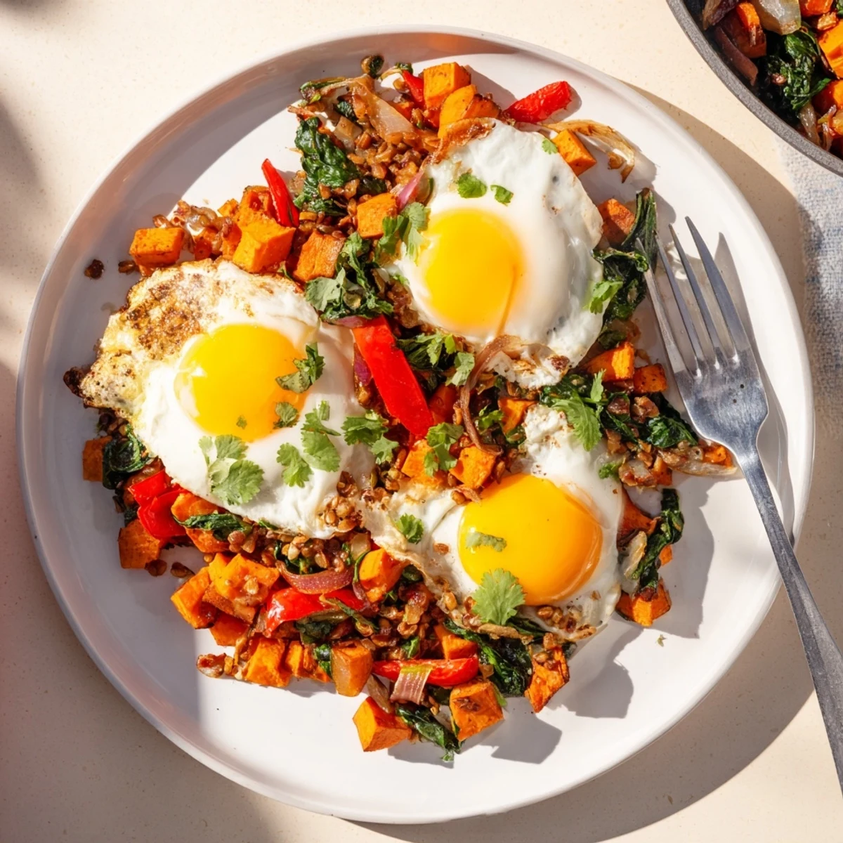Colorful sweet potato hash with perfectly cooked eggs and sautéed vegetables.  