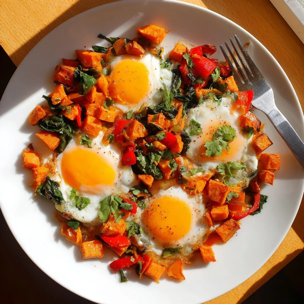 Delicious sweet potato hash with eggs, ideal for a wholesome breakfast or brunch.