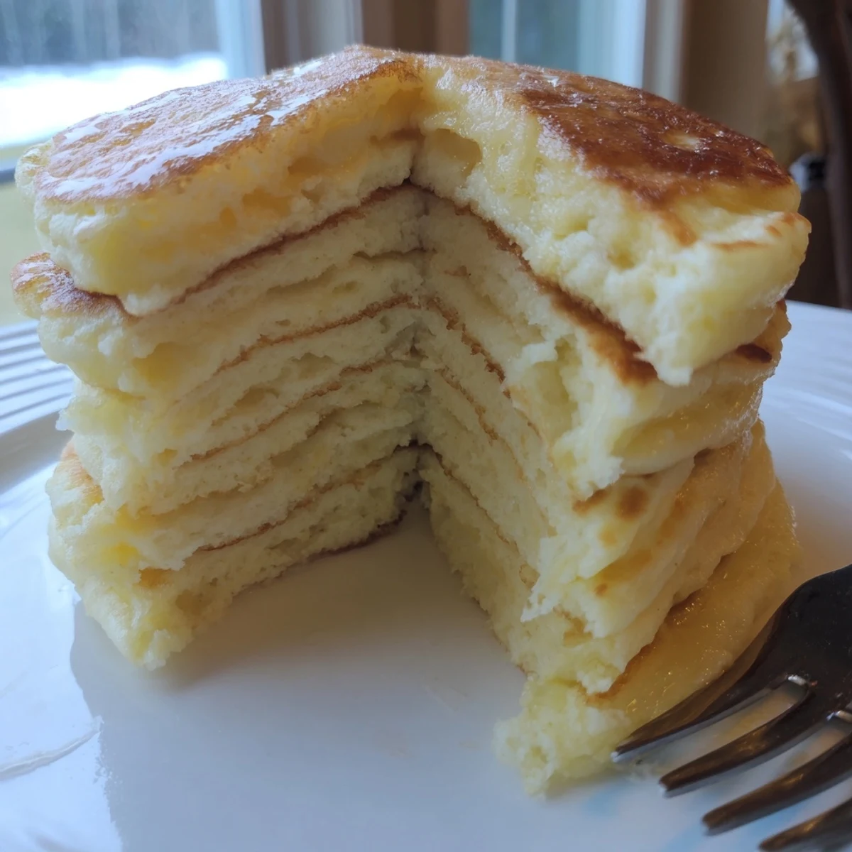 Golden-brown fluffy buttermilk pancakes topped with whipped cream and fresh fruit.  