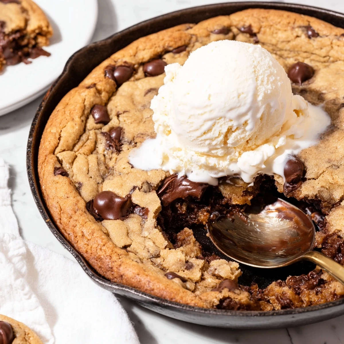 Indulge in this decadent chocolate chip skillet cookie topped with vanilla ice cream.  