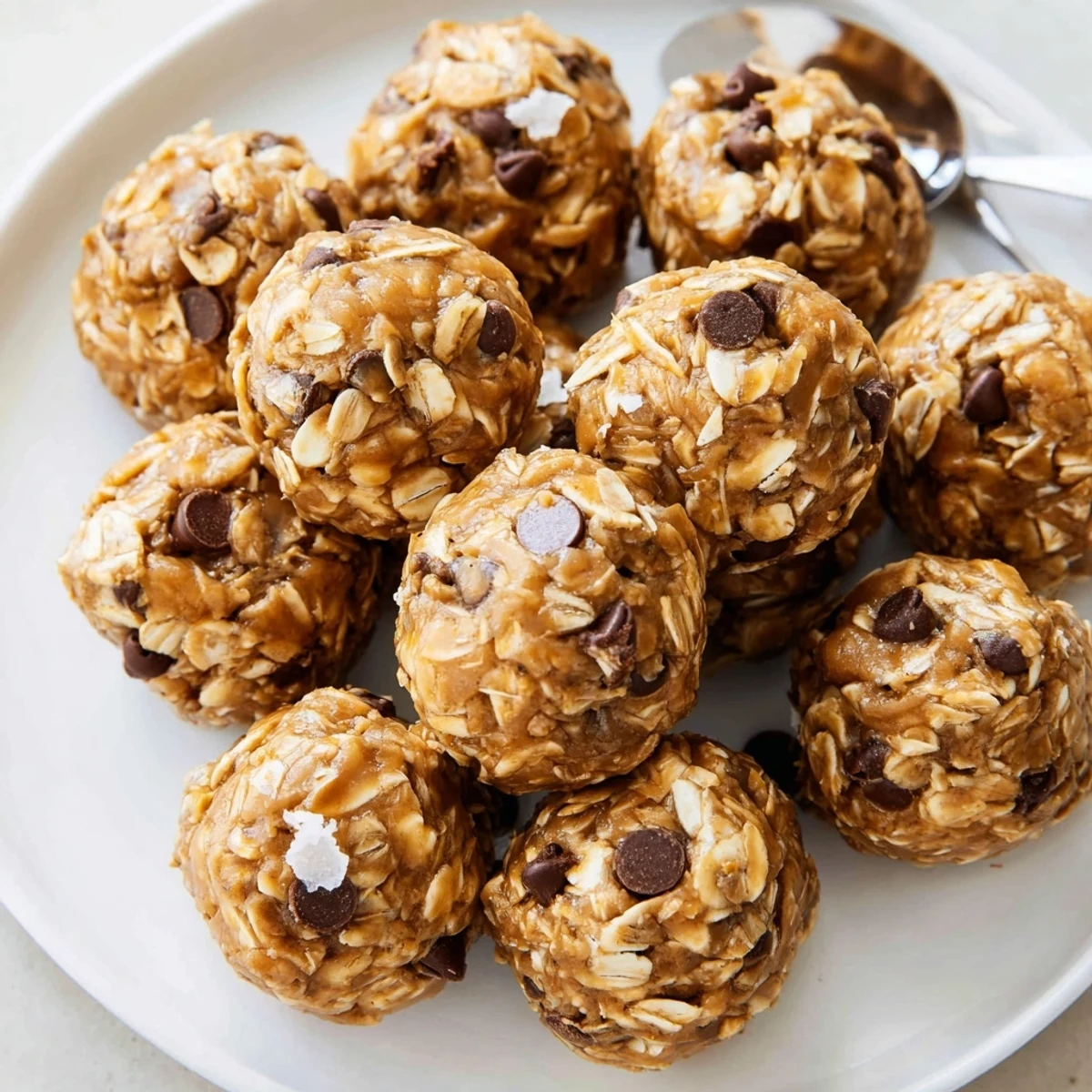 Delicious No-Bake Peanut Butter Energy Bites adorned with chocolate chips and oats.  