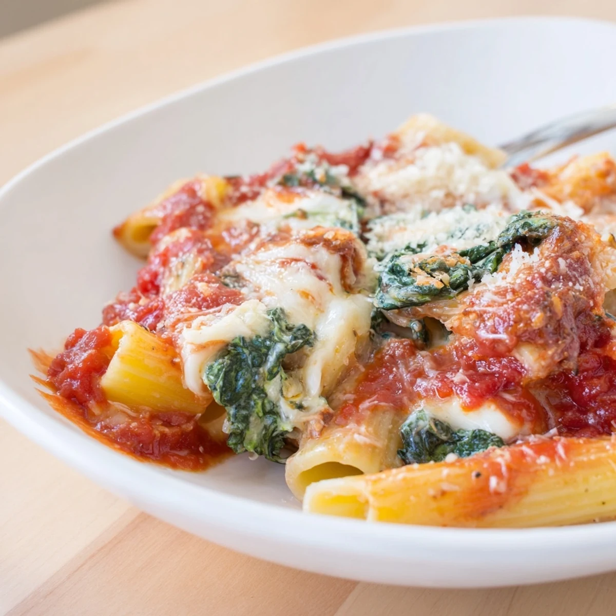 Warm and cheesy Baked Ziti with Mozzarella and Spinach in rich marinara.  