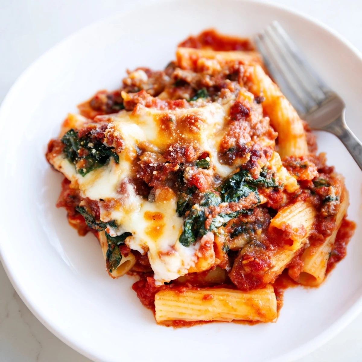 Golden Baked Ziti with Mozzarella and Spinach, served bubbling from the oven.  