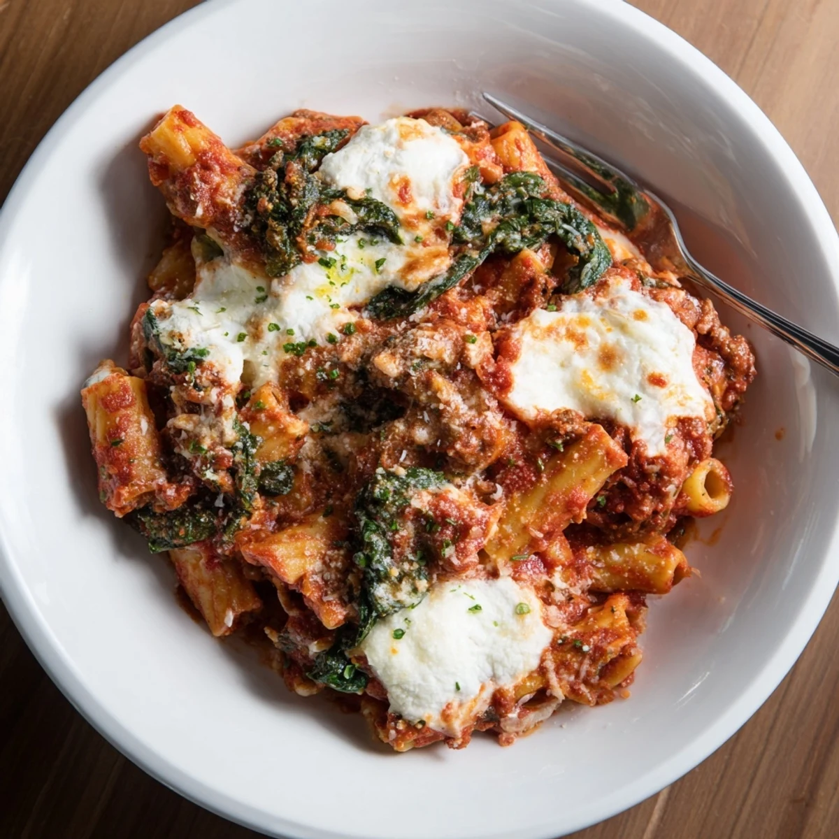 Creamy Baked Ziti with Mozzarella and Spinach, topped with crispy cheese.