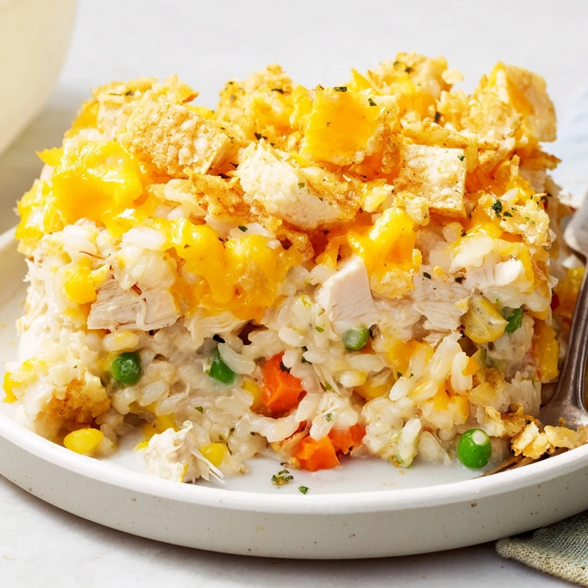 Creamy Cheesy Chicken and Rice Casserole topped with golden, melted cheddar cheese.  