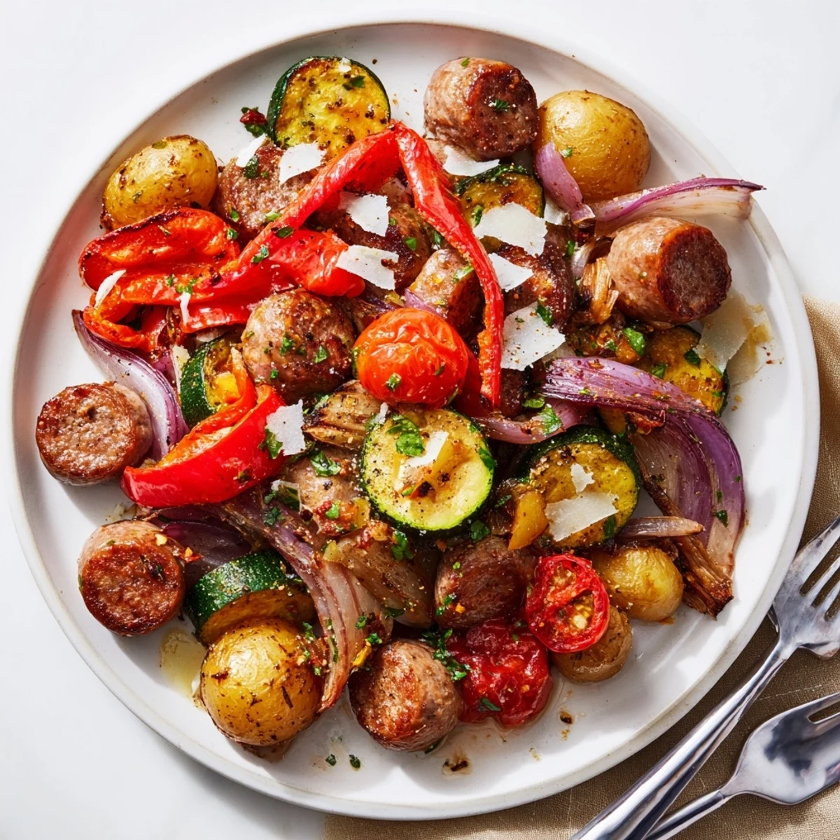 Vibrant sheet pan sausage and veggies, roasted for a colorful, flavorful dinner.  