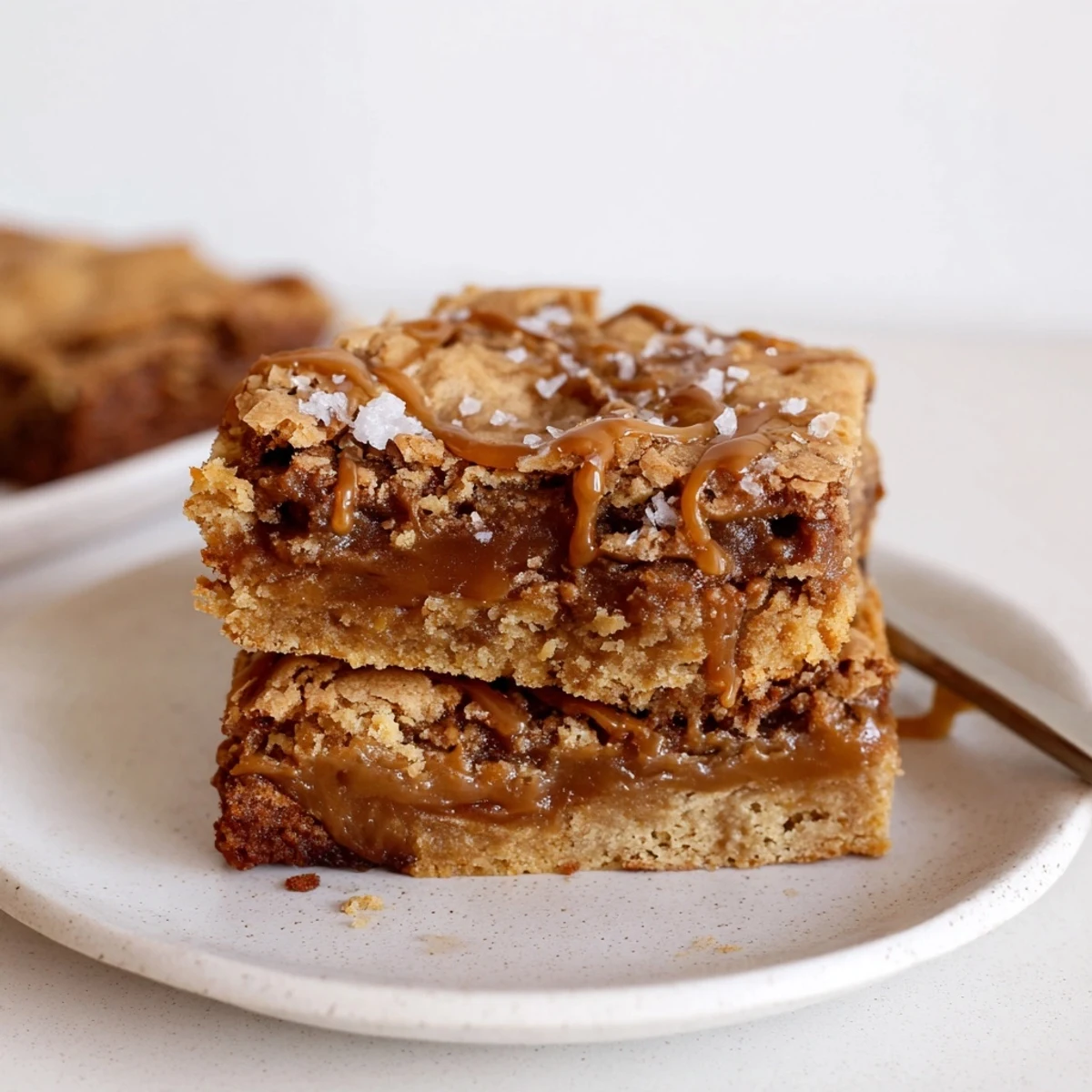 Delicious salted caramel blondie bars drizzled with warm, gooey caramel sauce.  