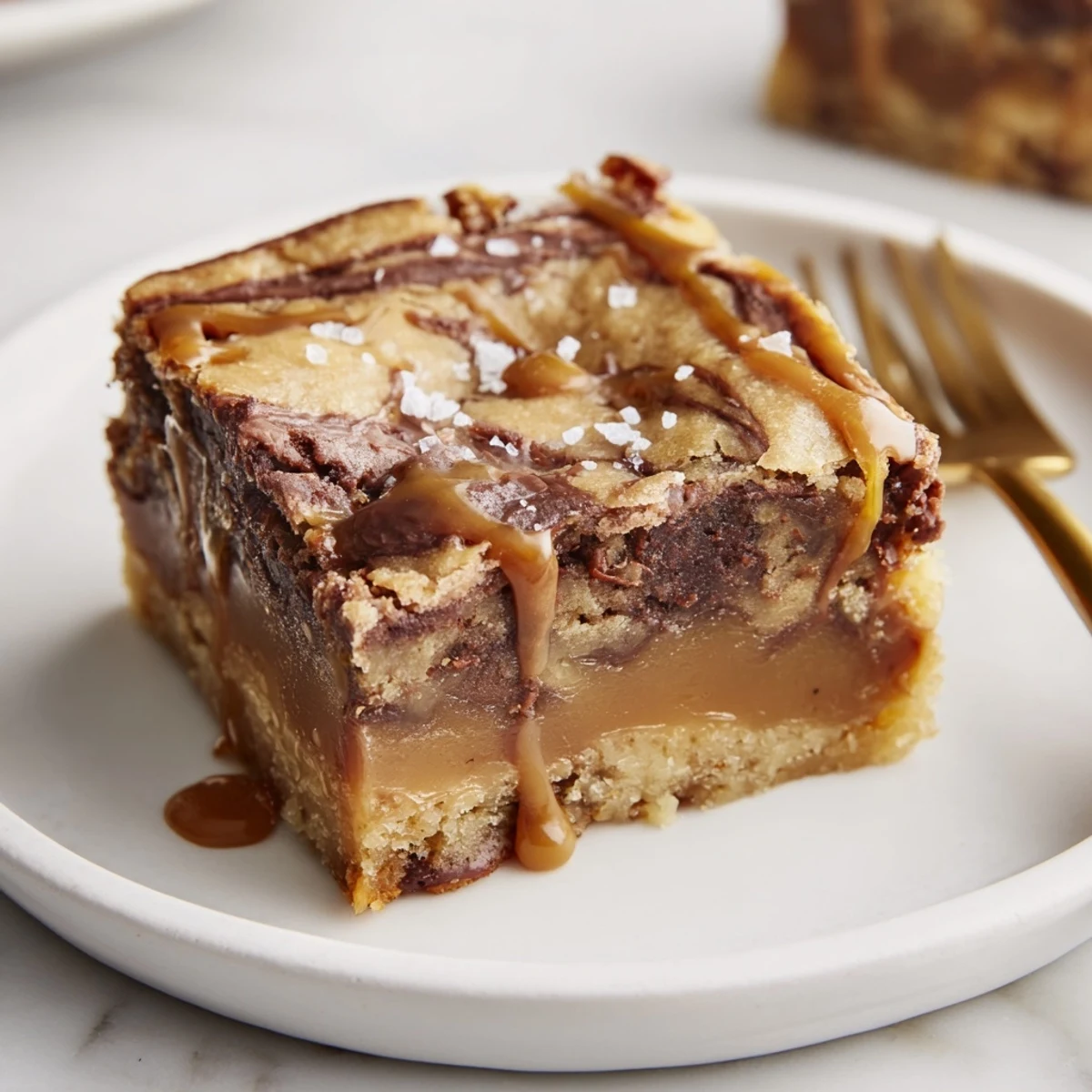 Chewy blondie squares topped with flaky sea salt and rich, velvety caramel.  