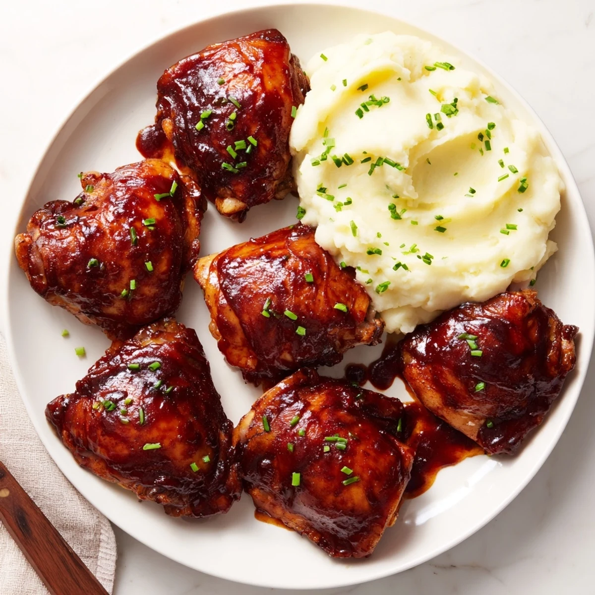 A close-up shows glistening honey BBQ glaze coating juicy baked chicken thighs with soft potatoes.