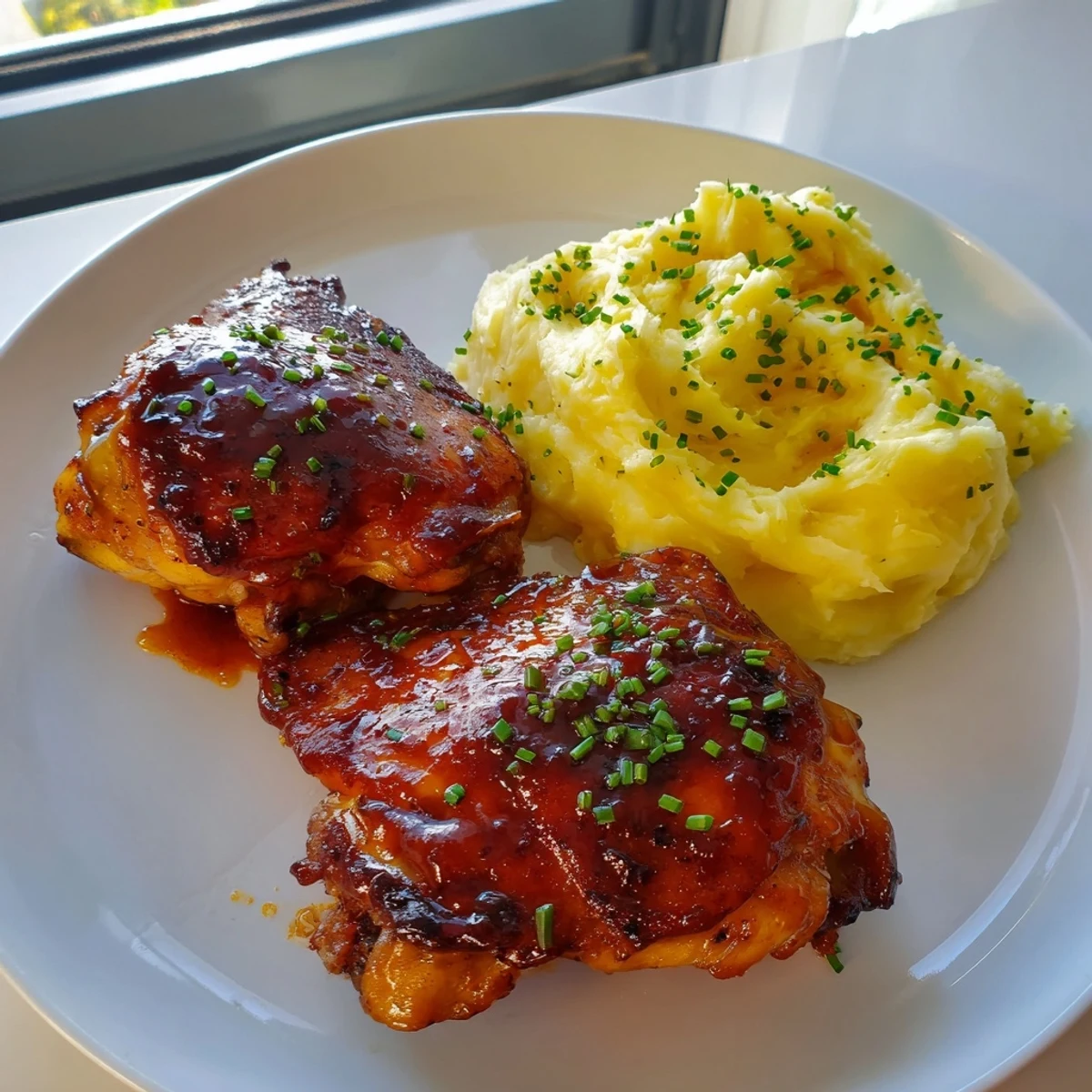 Plate of savory honey BBQ chicken thighs, with vibrant, flavorful garlic mashed potatoes, ready to eat.