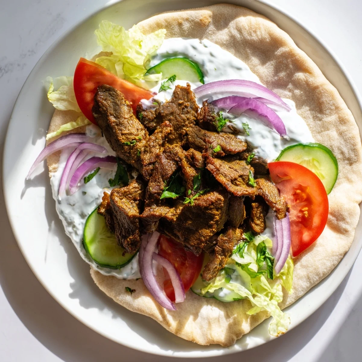 Savory Beef Shawarma Wraps filled with spiced beef, fresh veggies, and creamy yogurt sauce.