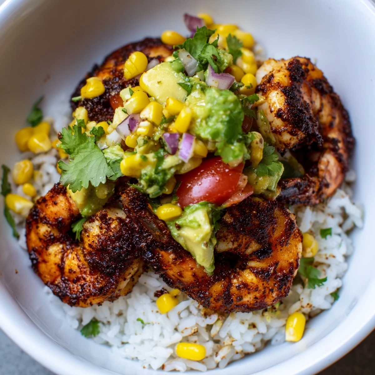 Fresh, flavorful blackened shrimp bowl, loaded with a vibrant avocado corn salsa for a satisfying lunch.