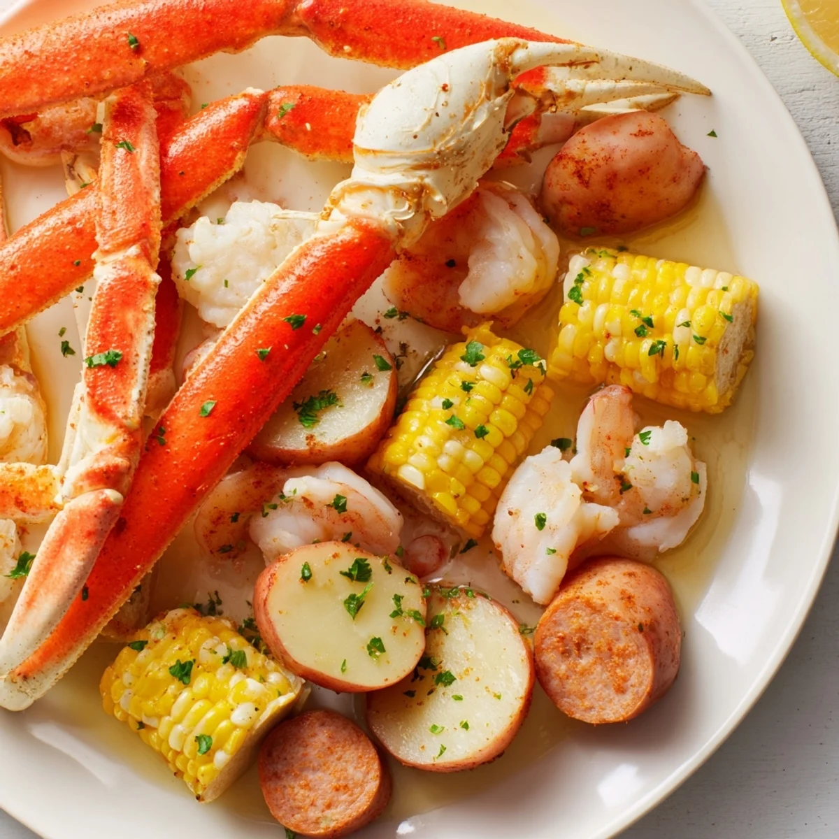 A steaming seafood boil with crab, shrimp, sausage, and corn in flavorful Cajun spices.
