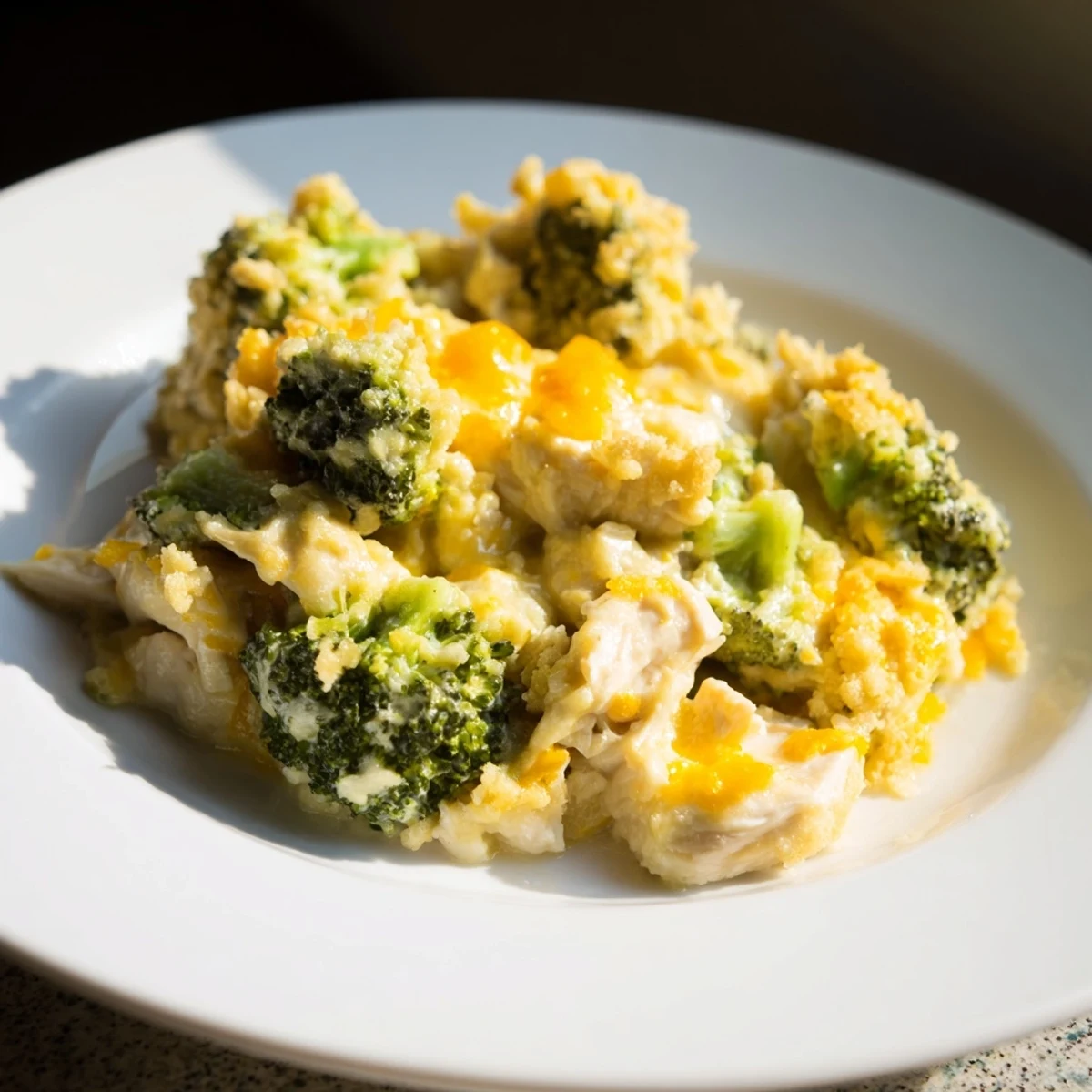 Golden and bubbly Chicken & Broccoli Cheddar Bake, ready for a comforting family dinner tonight.