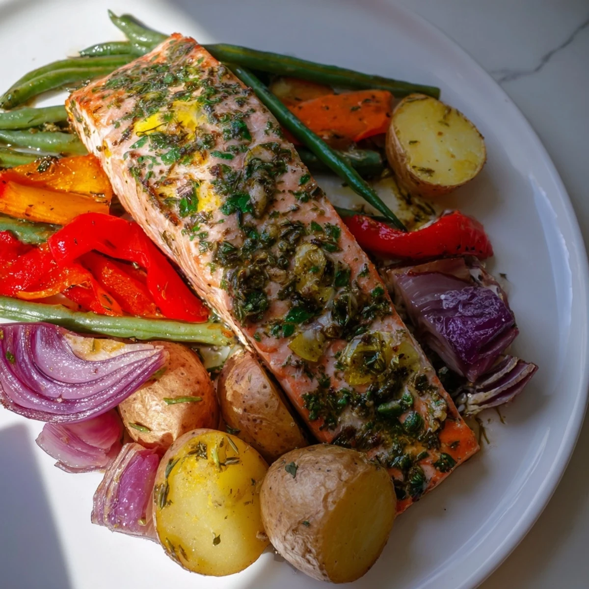 Golden-brown Lemon Herb Salmon & Potato sheet pan meal, served with a bright lemon wedge garnish.