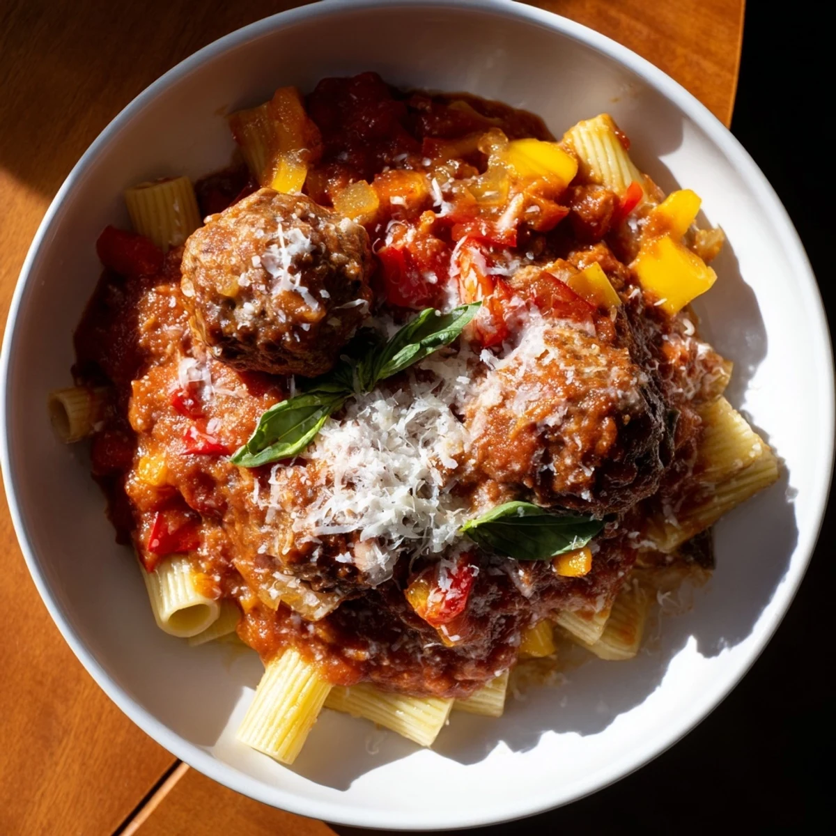Steaming Italian meatball pasta skillet with melted mozzarella and fresh basil, ready to serve.