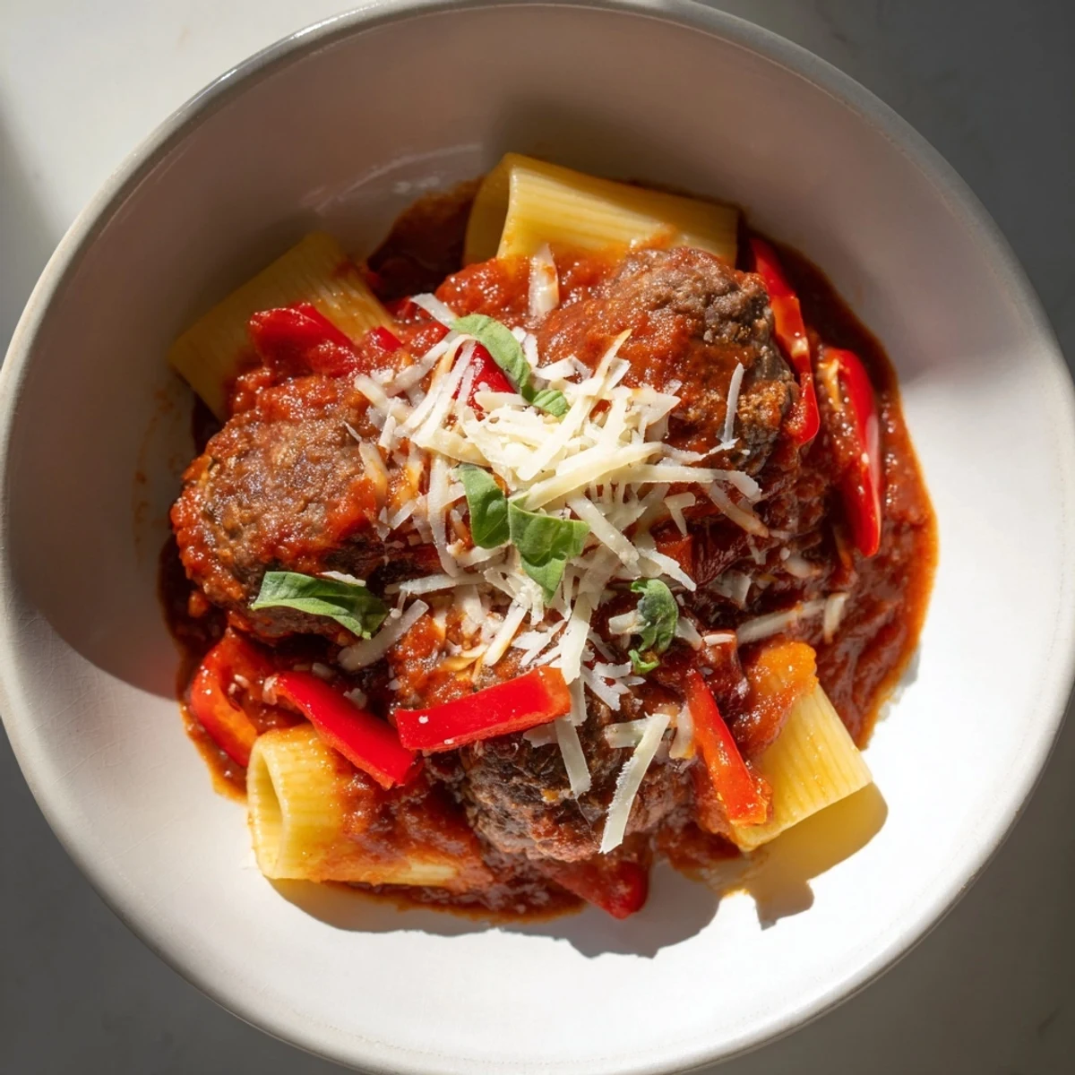 A close-up of a bubbling Italian meatball pasta skillet, showcasing juicy meatballs and rich sauce.