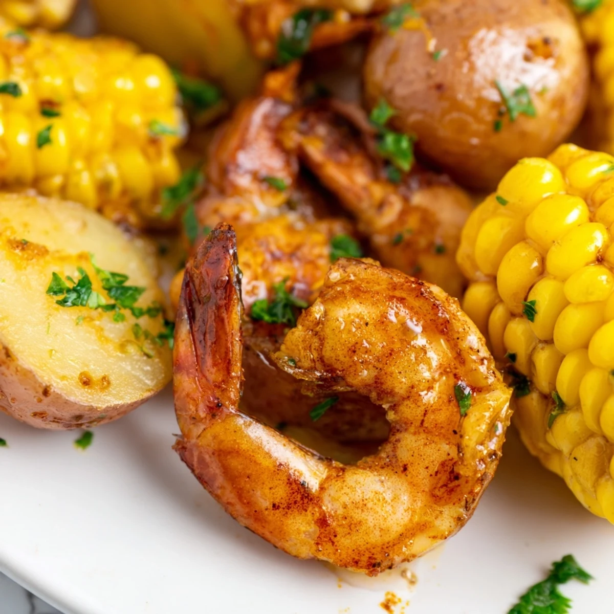 Cajun Shrimp & Sweet Corn Platter showcasing spicy shrimp, vibrant corn, and roasted potatoes, ideal for summer.