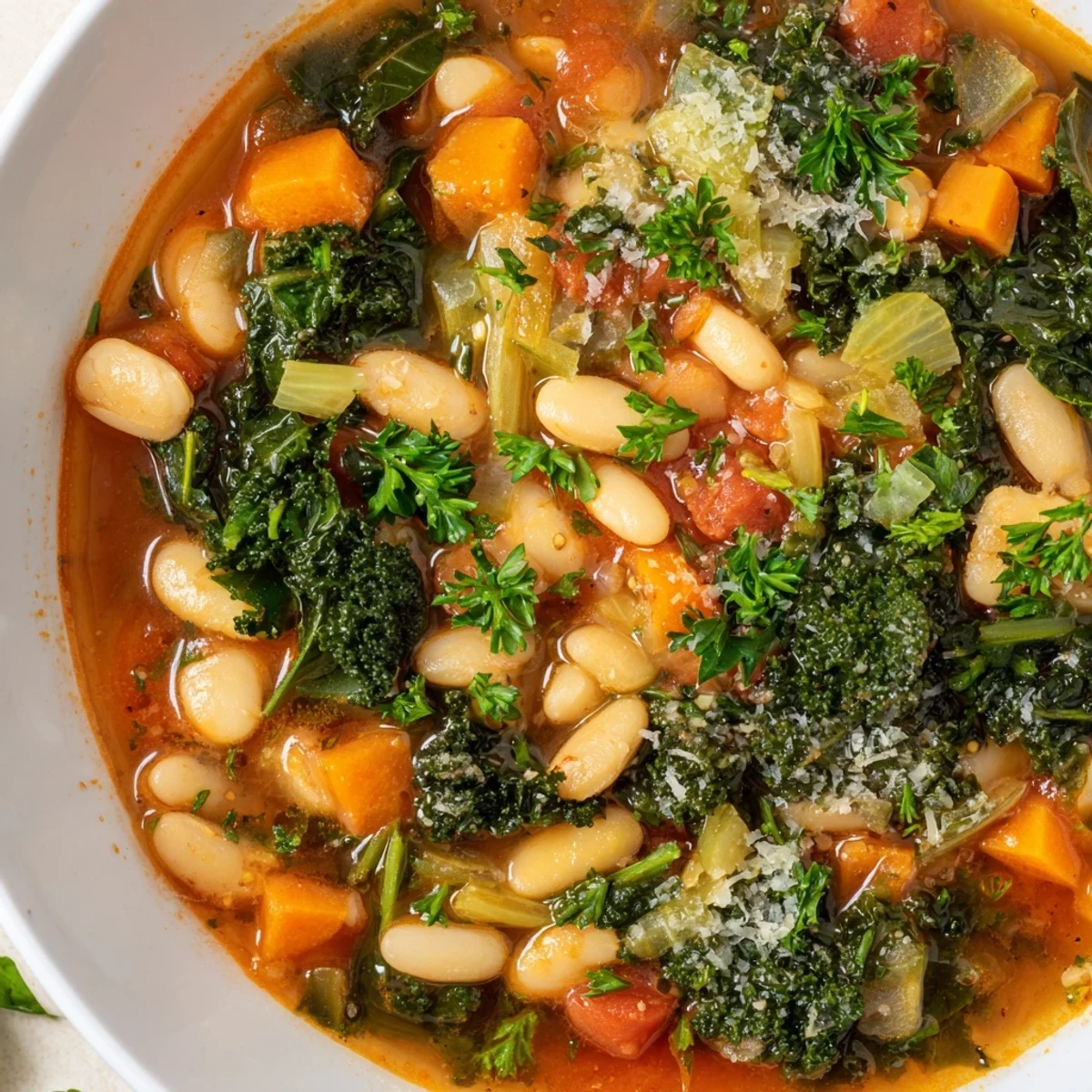 A steaming bowl of Italian Bean & Kale Stew, showcasing rustic flavors and fresh parsley garnish.