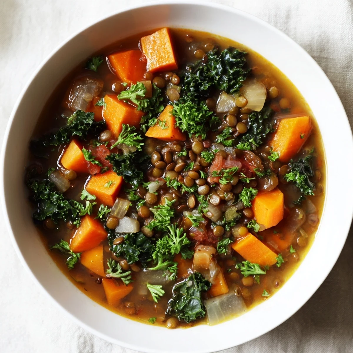 A close-up of a rustic, warming Winter Vegetable & Lentil Soup, full of vibrant colors.