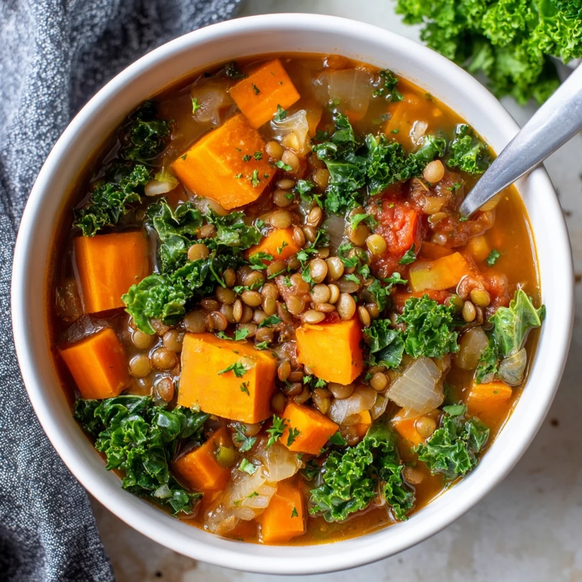 Steaming bowl filled with savory Winter Vegetable & Lentil Soup and fresh parsley for garnish.