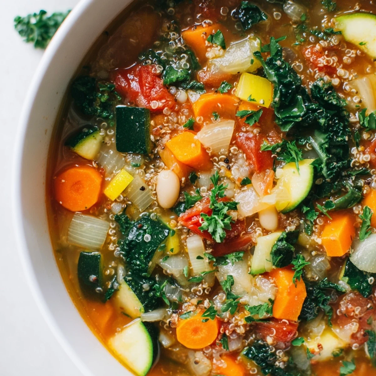 Flavorful Minestrone with Quinoa, a brimming bowl of vegetables and beans, perfect for a cozy dinner.