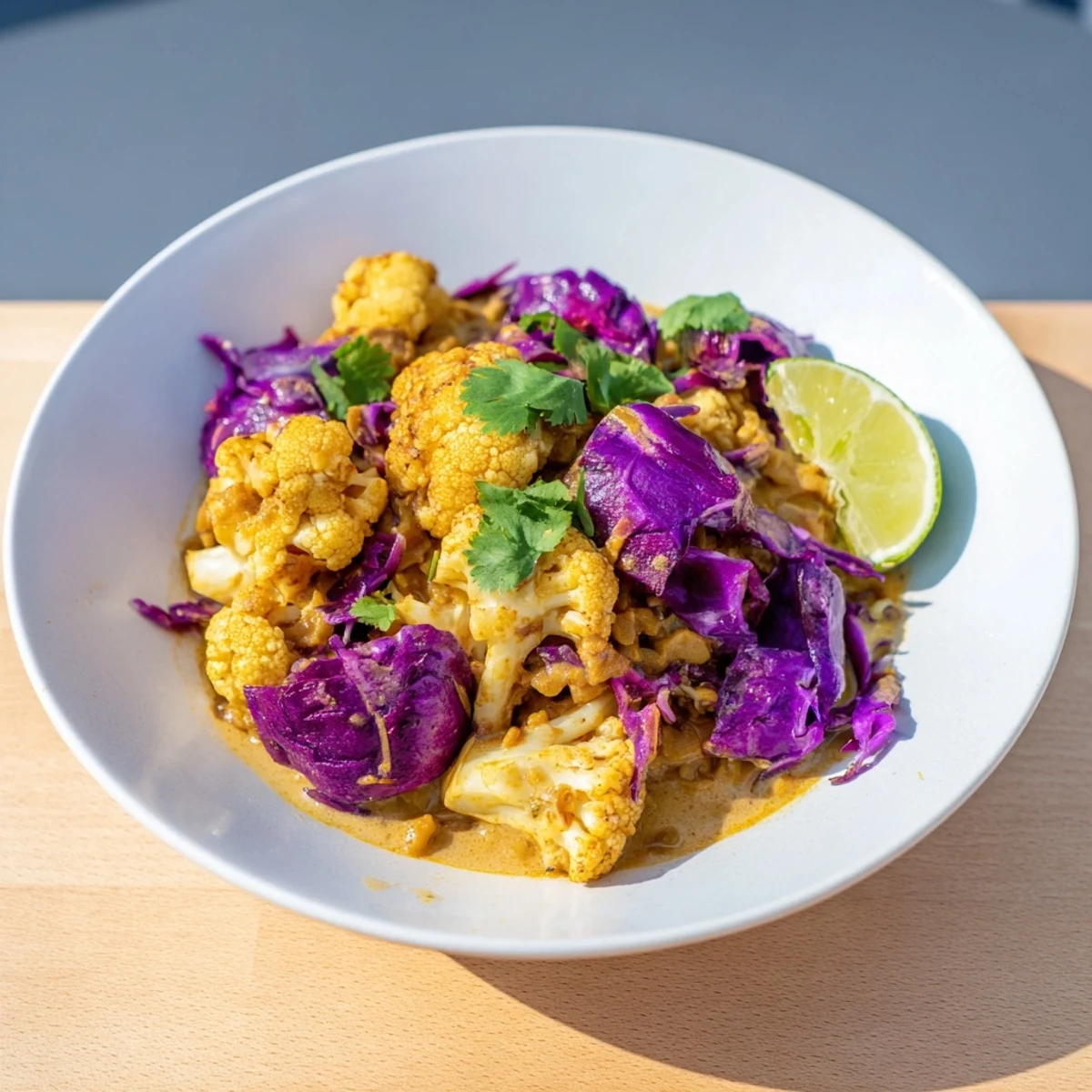 This satisfying Red Cabbage, Cauliflower & Coconut Dhal features tender vegetables in a creamy, spiced coconut sauce.