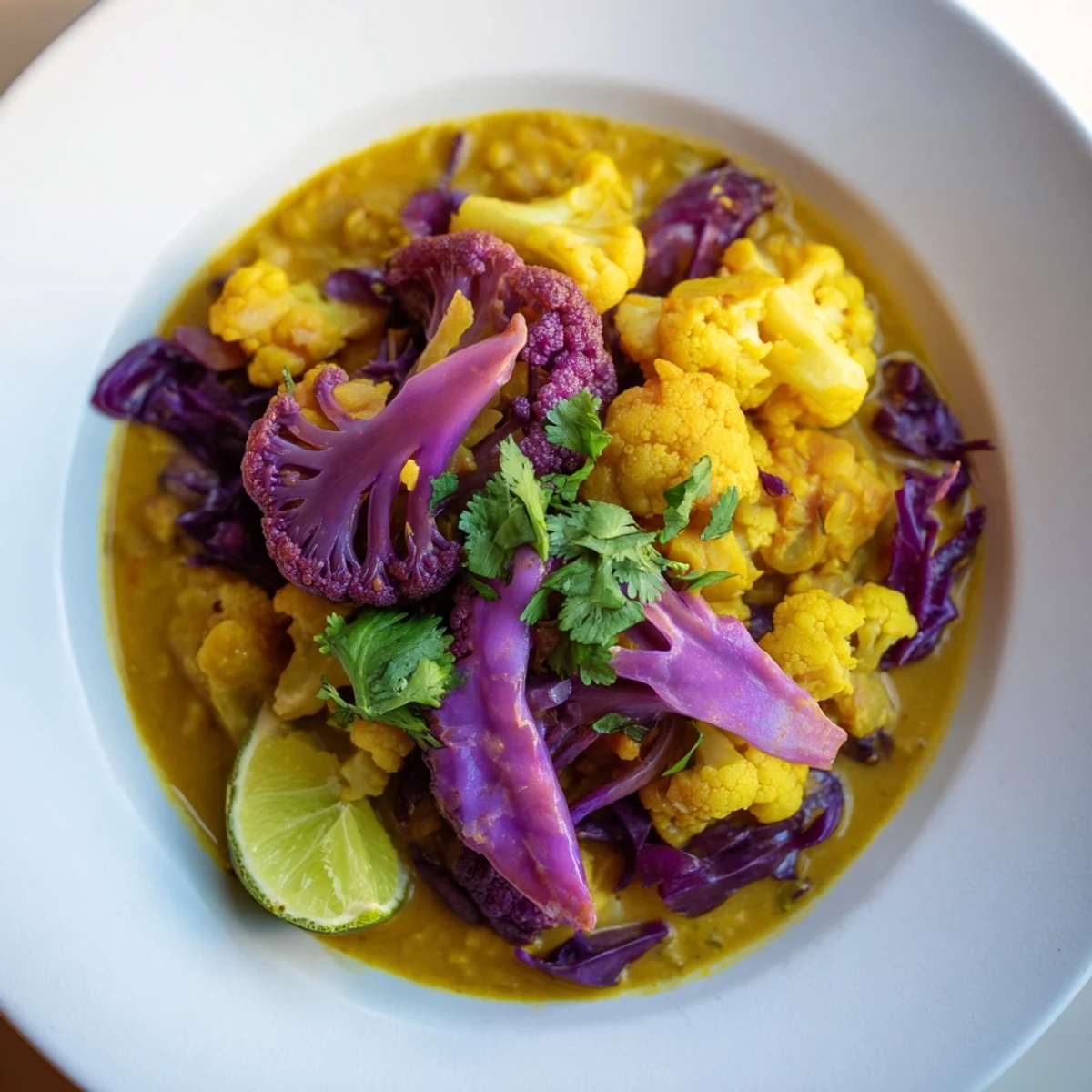 Enjoy a comforting serving of Red Cabbage, Cauliflower & Coconut Dhal alongside a fluffy bed of rice or naan.