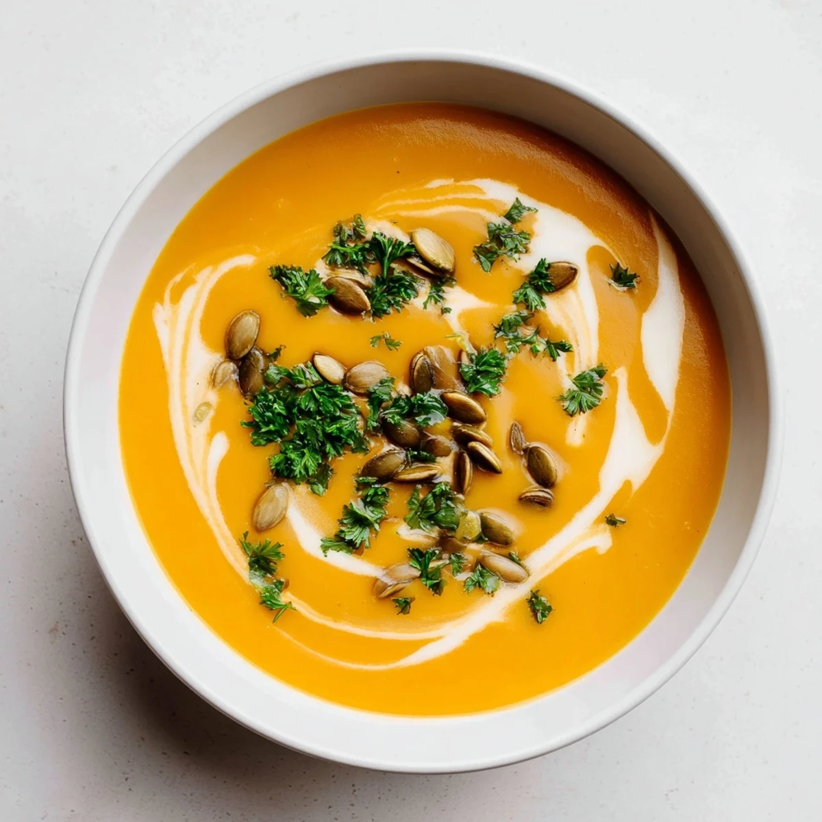 A creamy bowl of Butternut Squash & Pear Soup, a warm hug on a cold fall day.