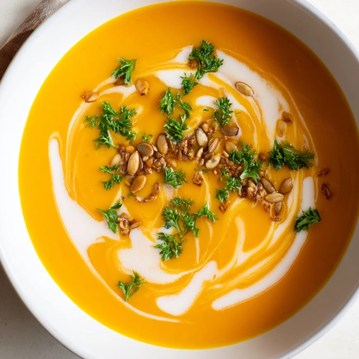 Bright orange Butternut Squash & Pear Soup, garnished with fresh herbs and toasted seeds, ready to savor.