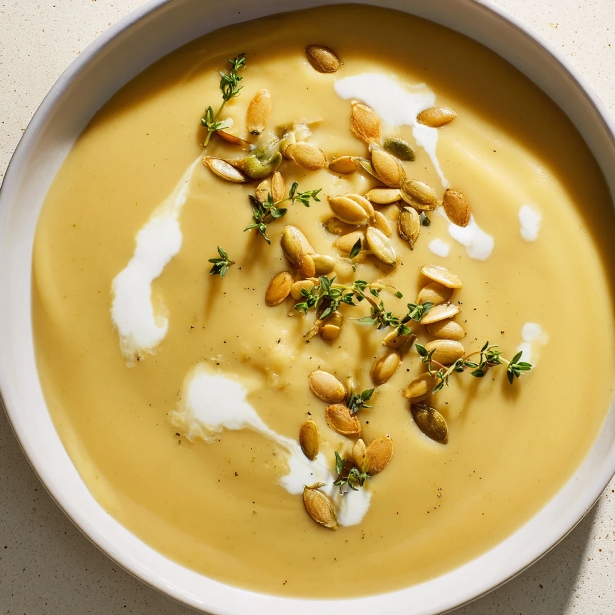 Thick, creamy roasted acorn squash soup, garnished and served in a warm white bowl.