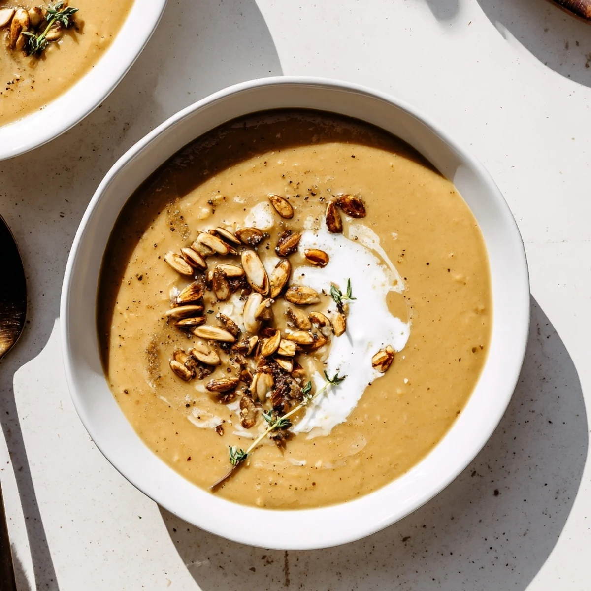Enjoy rich, velvety roasted acorn squash soup with a sprinkle of fresh herbs.