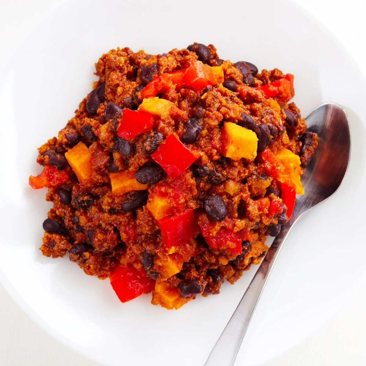 Close-up of a bubbling pot of Sweet Potato & Black Bean Chili, a vegetarian comfort food.