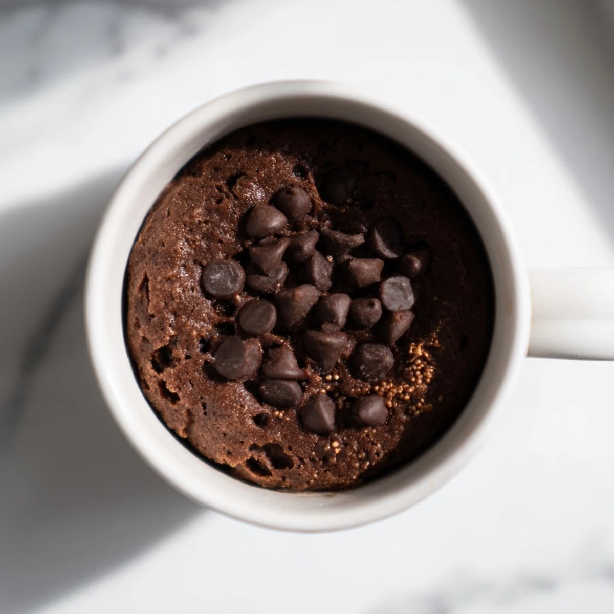 Fluffy microwaved mug cake, warm and chocolatey, is perfect for a quick dessert.