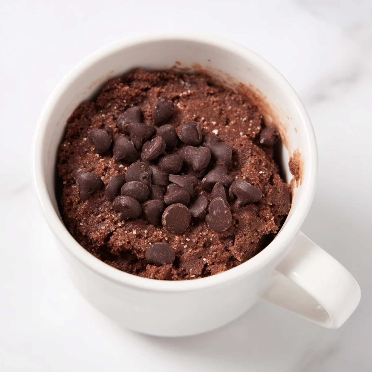 A close-up of a recently microwaved mug cake, ready to enjoy with a creamy texture.