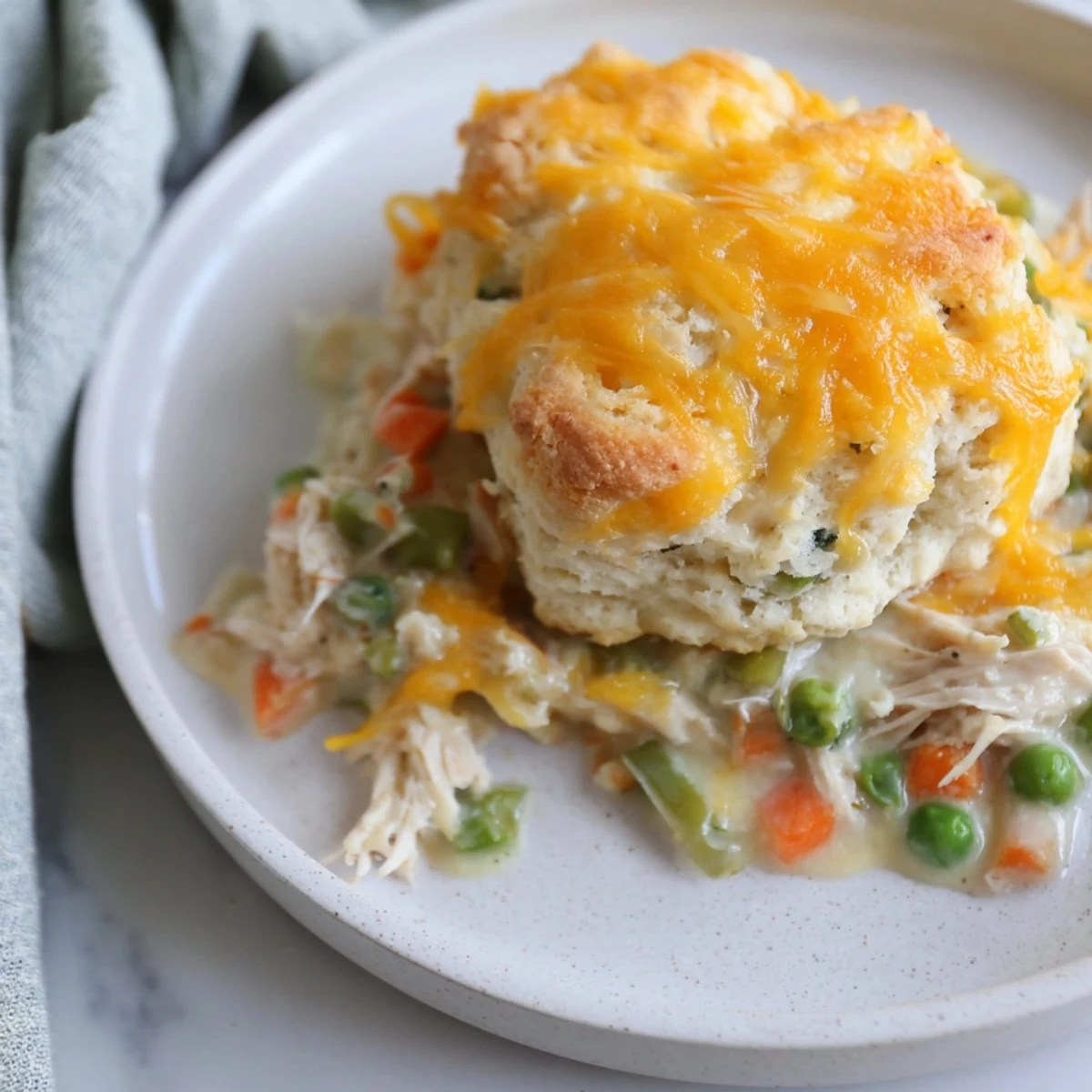 One-Pan Chicken Cobbler, a hot, bubbly casserole topped with golden cheddar biscuits.