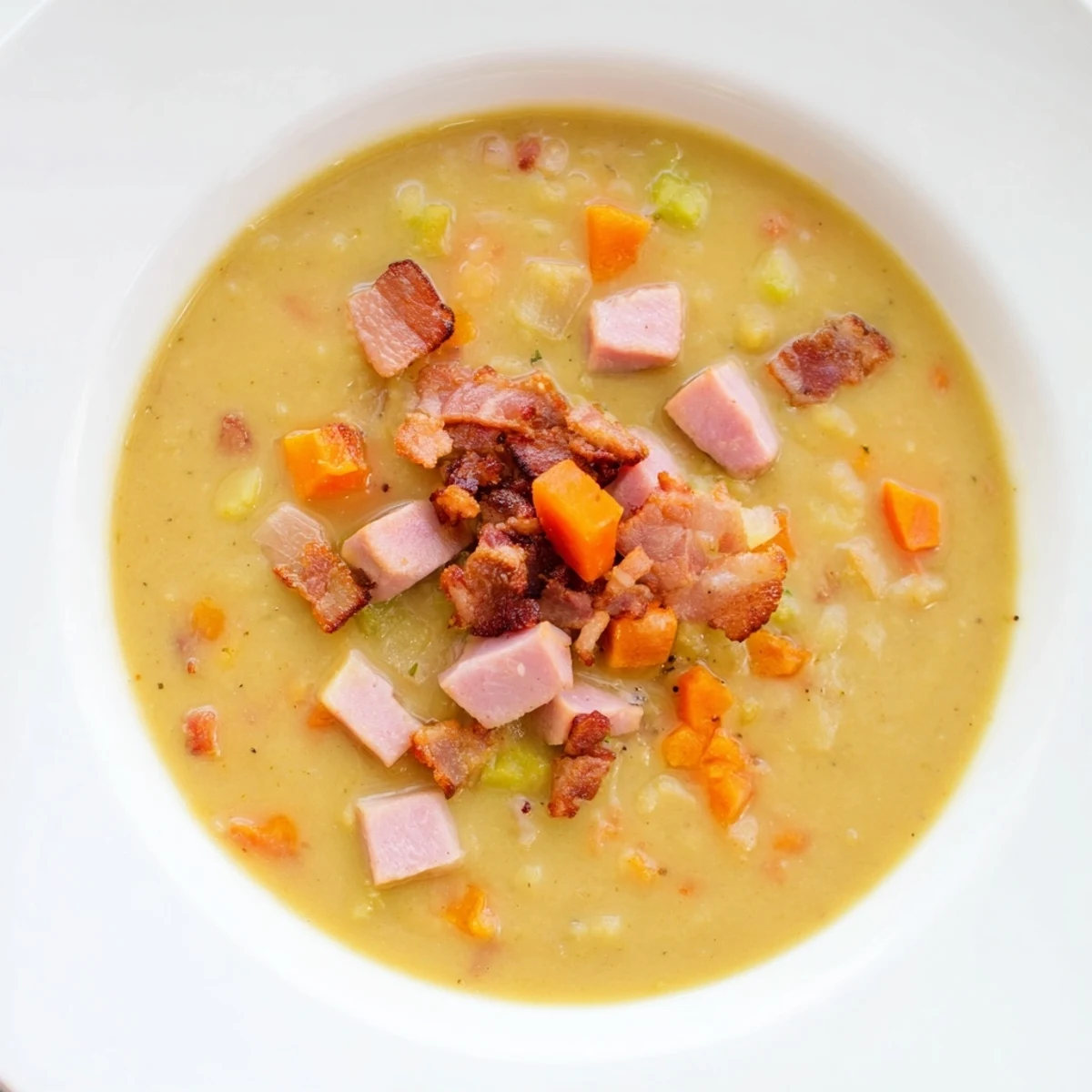 Creamy split pea soup with canned ham and crispy bacon, perfect for a warming lunch.