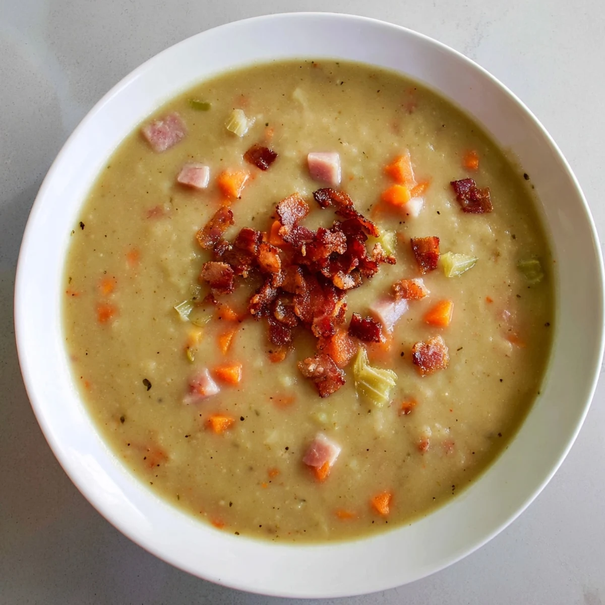 A bowl of savory split pea soup with canned ham, garnished with golden, smoky bacon.