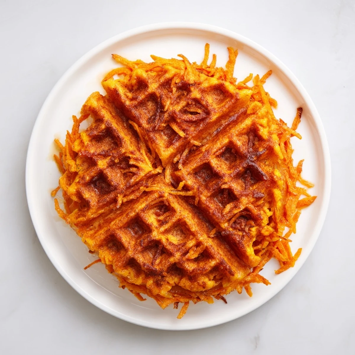 Golden-brown sweet potato waffle, crispy edges and perfect for a simple, quick breakfast in the morning.