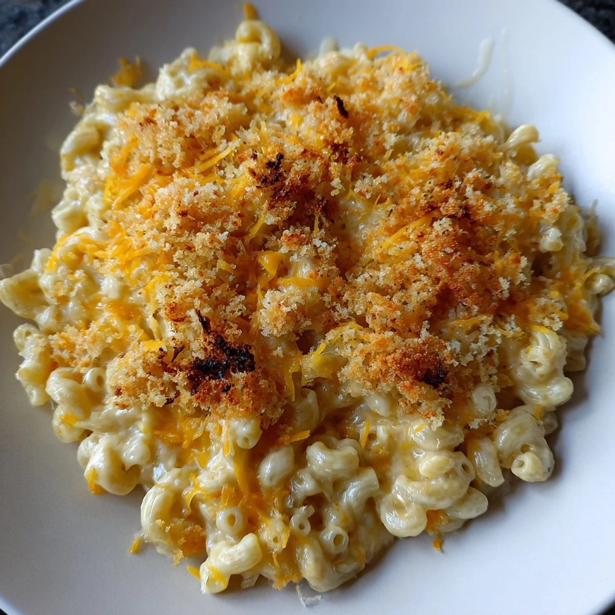 Golden-brown baked mac & cheese with evaporated milk, bubbling and cheesy, ready to enjoy.