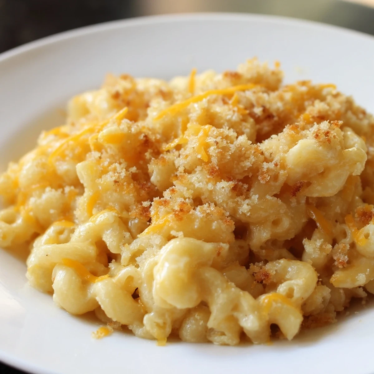 Hot, freshly-baked mac & cheese with evaporated milk, promising a rich, ultra-creamy, cheesy comfort food.