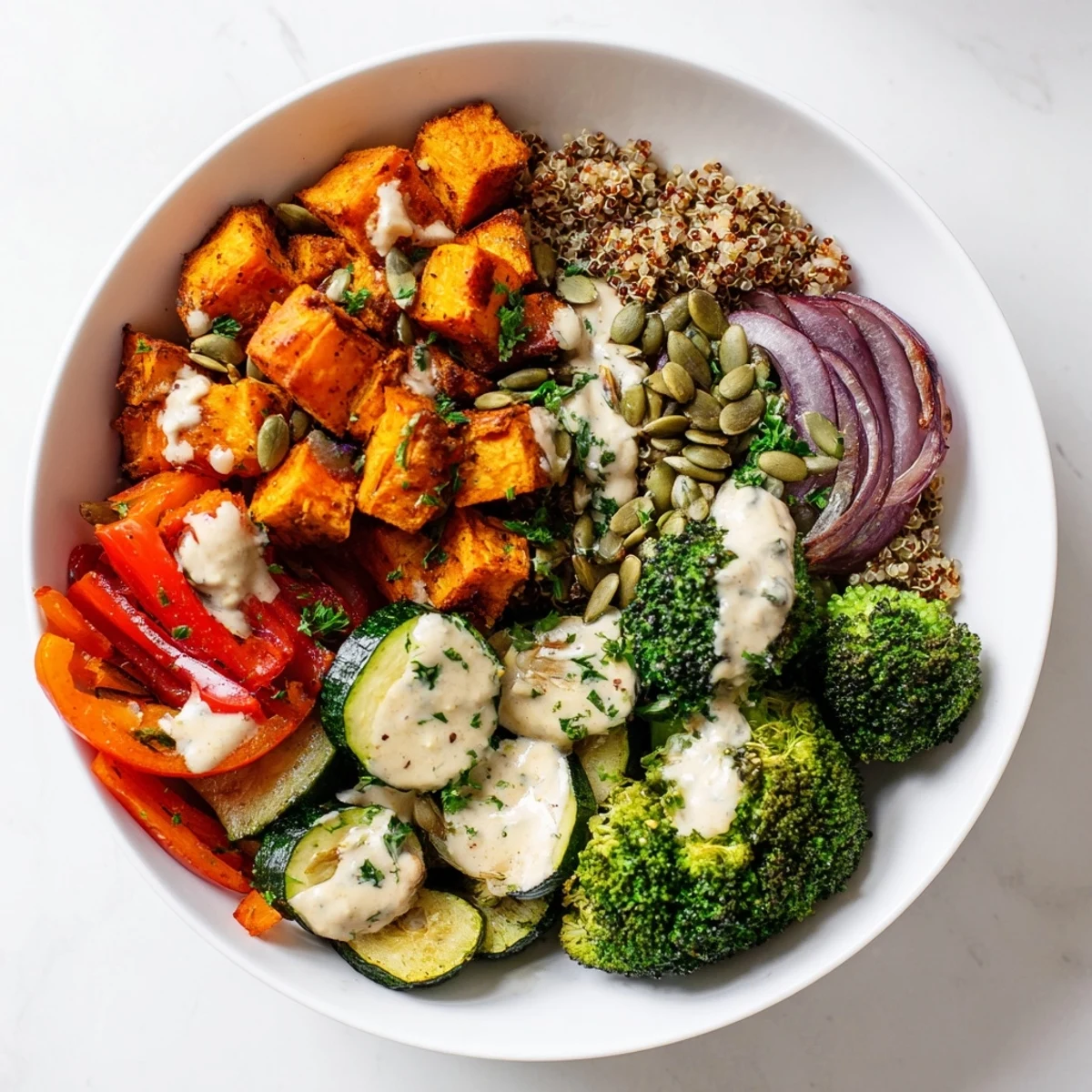 Steaming quinoa bowl with roasted vegetables, drizzled with zesty lemon-tahini dressing offering a balanced meal.