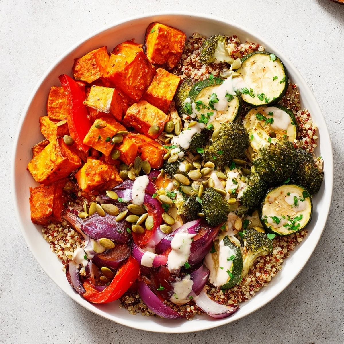 Vibrant quinoa bowl with colorful roasted seasonal veggies, topped with pumpkin seeds for delightful crunch.