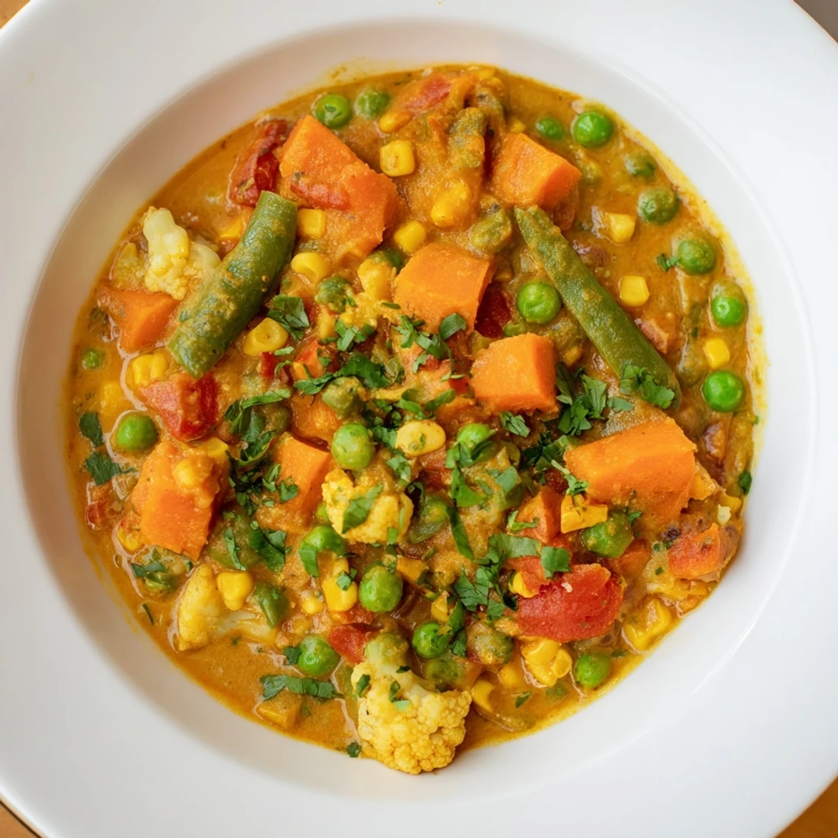 Steaming hot veggie coconut curry, garnished with fresh cilantro, served with a fluffy rice side.