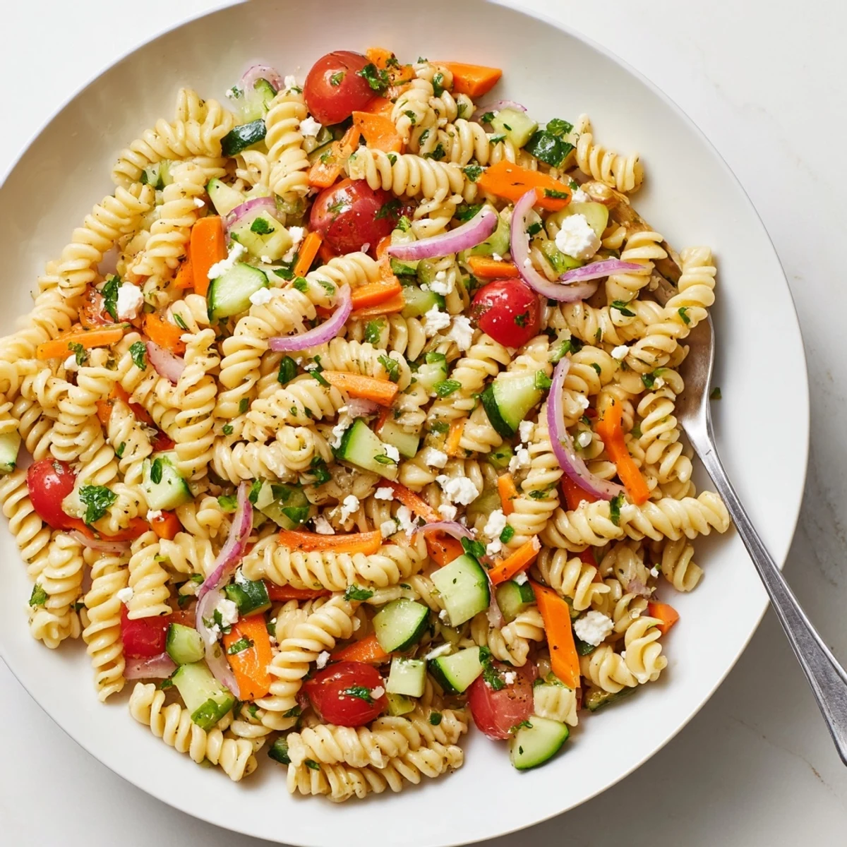 A refreshing bowl of pasta salad with colorful vegetables, ready to enjoy at a picnic.